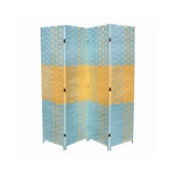 Benjara BM101166 Paper Straw 4 Panel Screen with 2 Inch Wooden Legs, Blue and Yellow