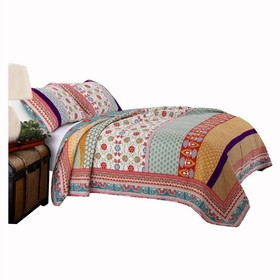 Benjara BM116975 Geometric and Floral Print Twin Size Quilt Set with 1 Sham, Multicolor