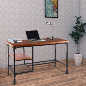 Benzara BM123677 Industrial Style Wooden Desk With Two Bottom Shelves, Brown And Black