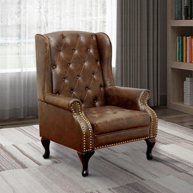 Benzara BM131410 Vaugh Traditional Wing Accent Chair In Nail Head, Rustic Brown Finish
