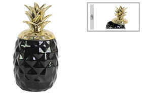 Benzara BM134146 Tropical Pineapple Canister with Gold Lid- Black- Benzara
