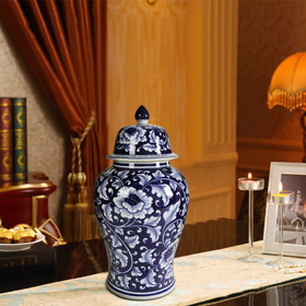 Benzara BM145820 Floral Design Ginger Jar with Lid, Blue and White