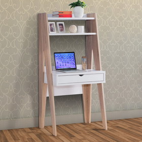 Benzara BM148919 Huge Adorning Computer Desk With Drawer, Light Brown and White
