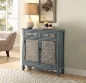 Benzara BM154262 2 Door Cabinet Wooden Console Table with Scalloped Apron, Distressed Blue