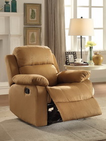 Benzara BM154327 Microfiber Metal Glider Recliner Chair with Pillow Top Armrest, Light Brown