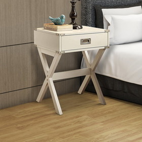 Benzara BM154580 1 Drawer Wooden End Table with X Shaped Legs and Metal Brackets, White