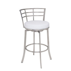Benjara BM155786 Curved Metal Back Counter Height Barstool with Flared Legs, White and Silver