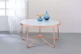Benzara BM156784 18 Inch Round Coffee Table with Frosted Glass Top, Rose Gold