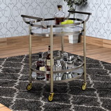Benzara BM158855 Oval Shaped Metal Frame Serving Cart with Glass Shelves, Bronze and Clear