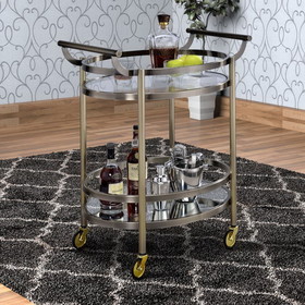 Benzara BM158855 Oval Shaped Metal Serving Cart with 2 Shelves, Silver