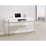 Benzara BM159095 Contemporary Metal Writing Desk with Glass Sides, Clear And White