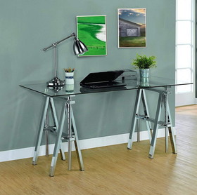 Benzara BM159103 Adjustable Writing Desk with Sawhorse Legs, Clear And Silver