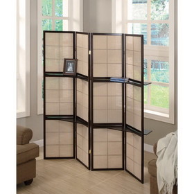 Benzara BM159237 Stylish Four Panel Folding Screen With Shelves, Brown
