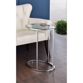 Benzara BM160142 Stylish Oval Shaped Metal Snack Table With Glass Top, Silver