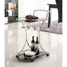 Benzara BM160164 Dazzling Serving Cart With 2 Black Glass Shelves, Silver