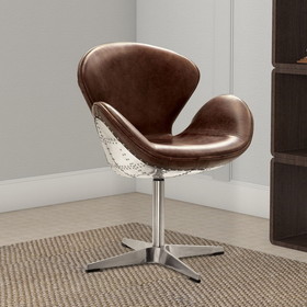 Benzara BM163615 Top Grain Leather Accent Chair with Swivel, Brown & Silver