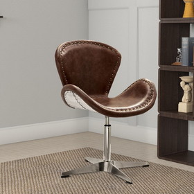 Benzara BM163616 Metal Swivel Accent Chair with Curved Leatherette Seat, Brown and Silver