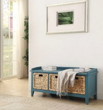 Benzara BM163623 Rectangular Wooden Storage Bench with Rattan Like Weaved 3 Drawers, Blue