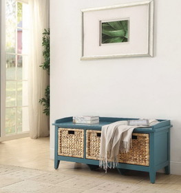 Benzara BM163623 Rectangular Wooden Storage Bench with Rattan Like Weaved 3 Drawers, Blue