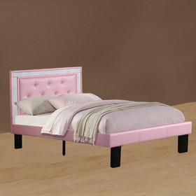 Benzara BM168652 Silky And Sheeny Wooden Full Bed With Pink PU Tufted Head Board, Pink Finish