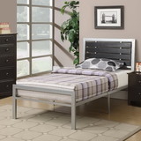 Benzara BM171741 Metal Twin Size Bed With Wood Panel Headboard, Silver & Black