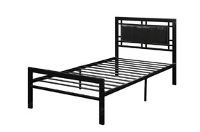 Benzara BM171743 Metal Frame Twin Bed With Leather Upholstered Headboard, Black