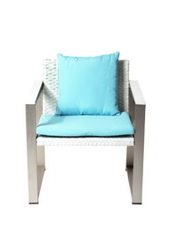 Benzara BM172111 Anodized Aluminum Upholstered Cushioned Chair with Rattan, White/Turquoise