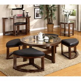 Benzara BM172710 Round Wooden Coffee Table With Stylish Wedge Shaped 4 Ottomans
