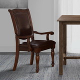 Benzara BM176405 Wooden & Leather Dining Side Arm Chair, Brown, Set Of 2