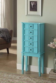 Benzara BM177735 5 Drawer Jewelry Armoire with Flip Top Mirror and Fluted Legs, Blue