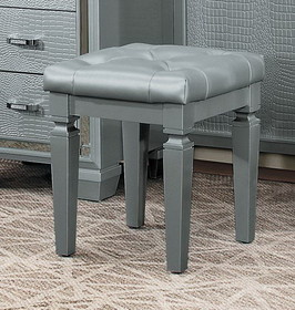 Benzara BM181872 Wooden Vanity Stool With Faux Leather Tufted Seat, Gray
