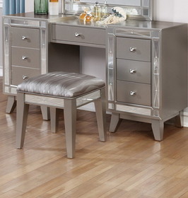 Benzara BM182718 Wooden Set of Vanity and Stool with Mirrored Accents, Mercury Silver