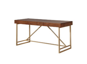 Benzara BM183188 Modern Style Wooden Writing Desk with Unique Metal Legs, Walnut Brown and Gold