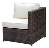Benzara BM183744 Faux Rattan Left Arm Chair with Seat & Back Cushions, Brown And Ivory