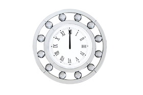 Benzara BM184772 Mirrored Round Shape Wooden Wall Clock, White