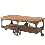 Benzara BM184887 Industrial Style Solid Wooden Coffee Table With Metal Accents & Wheels, Brown