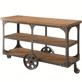 Benzara BM184888 Industrial Style Solid Wooden Sofa Table With Metal Accents & Wheels, Brown