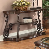 Benzara BM184902 Traditional Solid Sofa Table With Glass Inset, Metal Scrolls & 2 Shelves, Brown