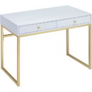 Benzara BM185350 Rectangular Two Drawer Wooden Desk With Metal Sled Legs, White And Gold