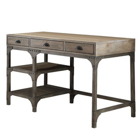 Benzara BM185351 Wooden and Metal Desk With Three Drawers and 2 Side Shelves, Brown And Gray