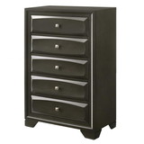 Benzara BM185467 Five Drawer Chest With Brushed Nickel Accent And Chamfered Legs, Antique Gray