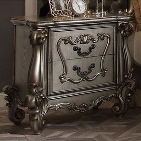 Benzara BM185471 Two Drawer Nightstand With Oversized Scrolled Legs In Antique Platinum Finish