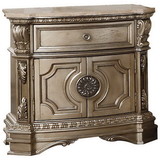 Benzara BM185480 Marble Top Nightstand With One Drawer And Two Door Shelf, Antique Champagne