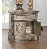 Benzara BM185481 Wood Top Nightstand With One Drawer And Two Door Shelf, Antique Champagne