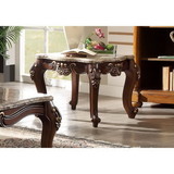 Benzara BM185783 Square Marble Top End Table With Carved Floral Motifs Wooden Feet, Brown
