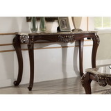 Benzara BM185784 Marble Top Sofa Table With Carved Floral Motifs Wooden Feet, Brown