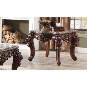 Benzara BM185806 Scalloped Marble Top End Table With Carved Floral Motifs, Walnut Brown