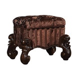 Benzara BM185873 Tufted Fabric Upholstered Wooden Vanity Stool with Scrolled Legs, Cherry Oak brown