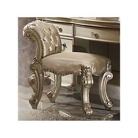 Benzara BM185905 Nailhead Trim Leatherette Vanity Stool with Scrolled Legs, Champagne Gold