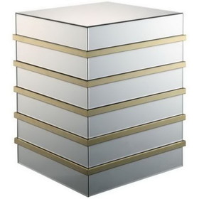 Benzara BM186253 Square Shape Mirror End Table with Geometric Base, Gold and Mirror